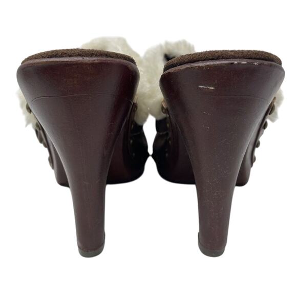 Brown Faux Suede Heeled Clogs With Faux Fur Trim Size 8.5 - Picture 9 of 12